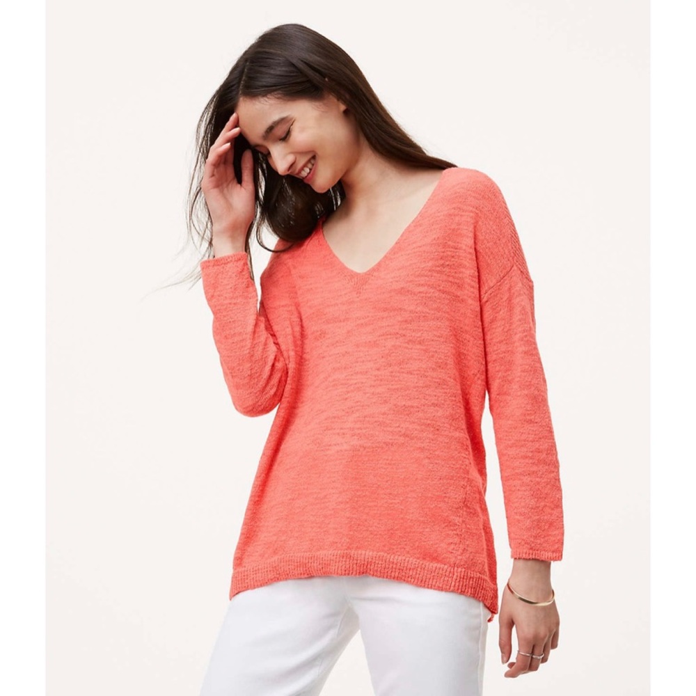 LOFT Coral V-Neck 3/4 Sleeve Flowy Lightweight Sweater Top Small
